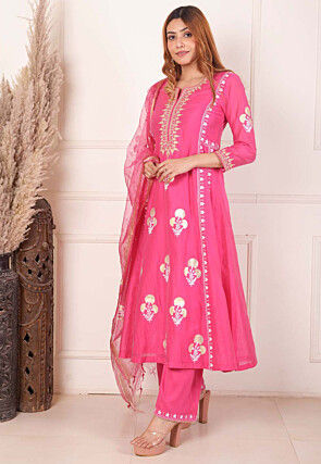 Foil Printed Chanderi Silk Aline Suit in Pink
