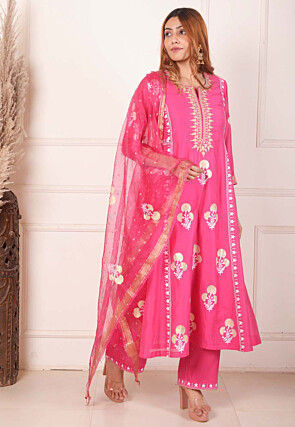 Foil Printed Chanderi Silk Aline Suit in Pink