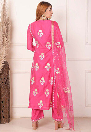 Foil Printed Chanderi Silk Aline Suit in Pink