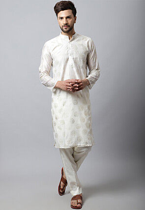 Foil Printed Chanderi Silk Kurta Set in Off White