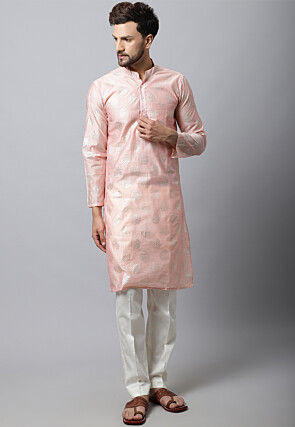 Foil Printed Chanderi Silk Kurta Set in Pink