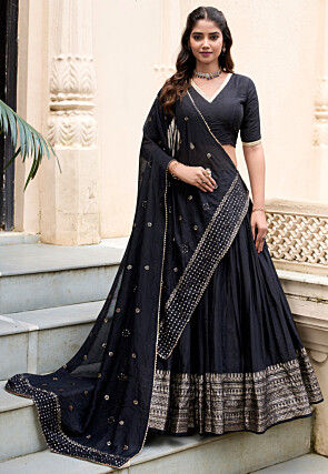 Foil Printed Chanderi Silk Lehenga in Black