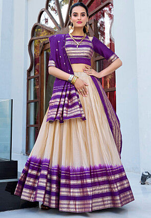 Foil Printed Chanderi Silk Lehenga in Cream