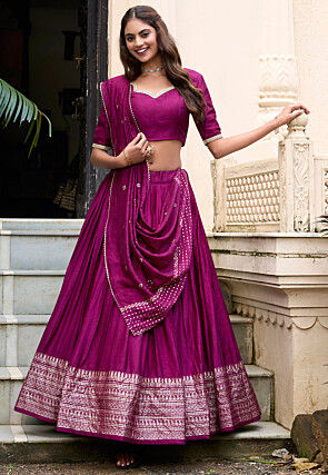 Foil Printed Chanderi Silk Lehenga in Purple