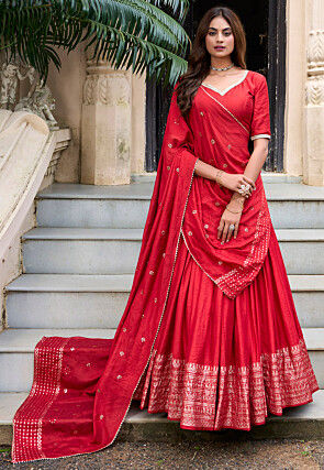 Foil Printed Chanderi Silk Lehenga in Red
