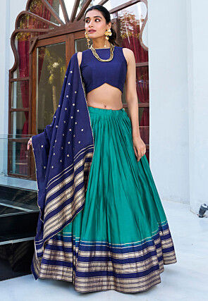 Foil Printed Chanderi Silk Lehenga in Teal Green
