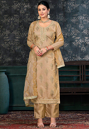 Foil Printed Chanderi Silk Pakistani Suit in Beige