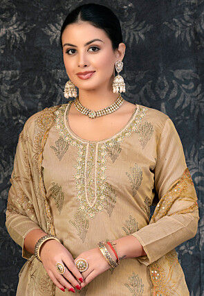 Foil Printed Chanderi Silk Pakistani Suit in Beige