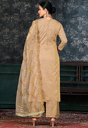 Foil Printed Chanderi Silk Pakistani Suit in Beige