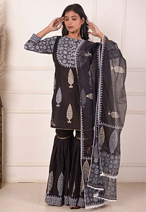 Foil Printed Chanderi Silk Pakistani Suit in Black