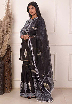 Foil Printed Chanderi Silk Pakistani Suit in Black