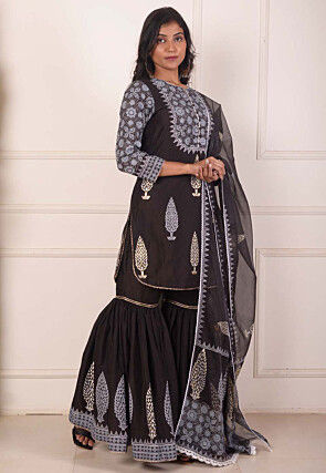 Foil Printed Chanderi Silk Pakistani Suit in Black