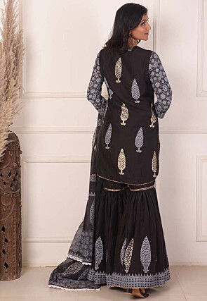 Foil Printed Chanderi Silk Pakistani Suit in Black
