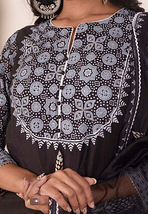 Foil Printed Chanderi Silk Pakistani Suit in Black