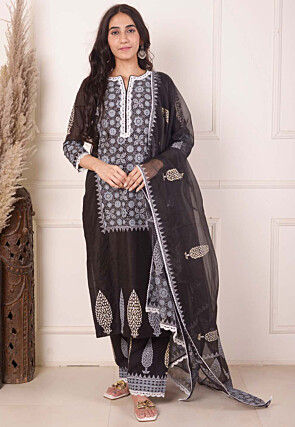 Foil Printed Chanderi Silk Pakistani Suit in Black
