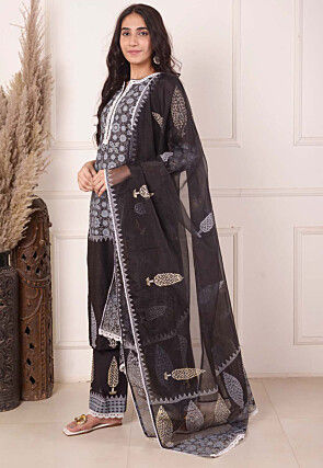 Foil Printed Chanderi Silk Pakistani Suit in Black