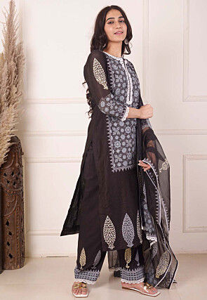 Foil Printed Chanderi Silk Pakistani Suit in Black