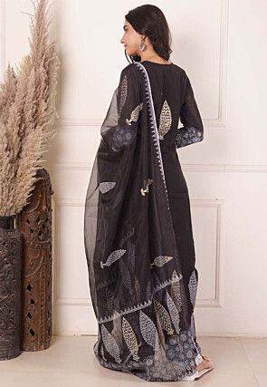 Foil Printed Chanderi Silk Pakistani Suit in Black