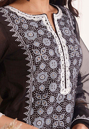 Foil Printed Chanderi Silk Pakistani Suit in Black