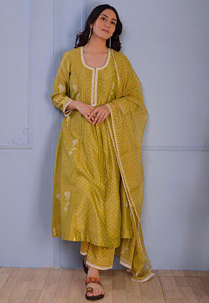 Foil Printed Chanderi Silk Pakistani Suit in Light Green