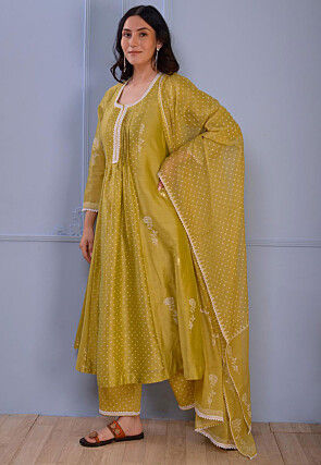Foil Printed Chanderi Silk Pakistani Suit in Light Green
