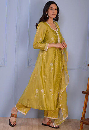 Foil Printed Chanderi Silk Pakistani Suit in Light Green