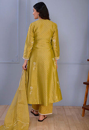 Foil Printed Chanderi Silk Pakistani Suit in Light Green