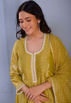 Foil Printed Chanderi Silk Pakistani Suit in Light Green