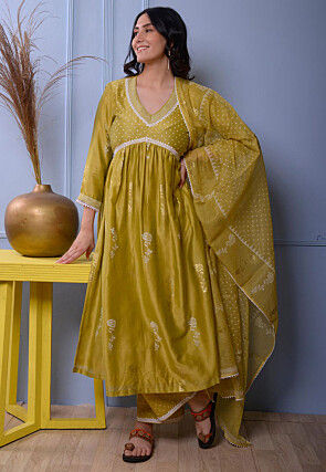 Foil Printed Chanderi Silk Pakistani Suit in Light Green