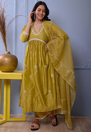 Foil Printed Chanderi Silk Pakistani Suit in Light Green