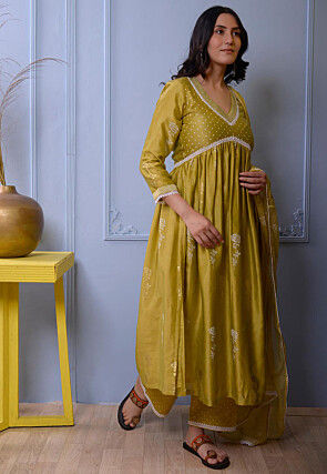 Foil Printed Chanderi Silk Pakistani Suit in Light Green