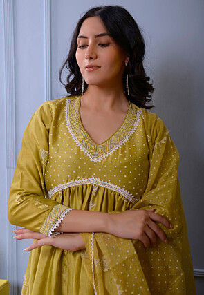 Foil Printed Chanderi Silk Pakistani Suit in Light Green