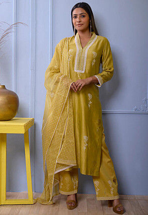 Foil Printed Chanderi Silk Pakistani Suit in Light Green