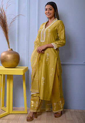 Foil Printed Chanderi Silk Pakistani Suit in Light Green