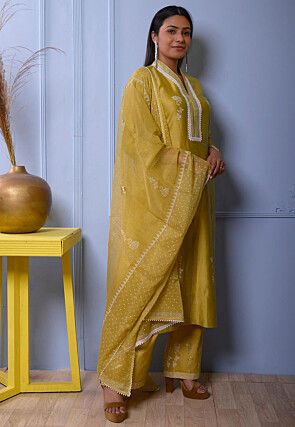 Foil Printed Chanderi Silk Pakistani Suit in Light Green