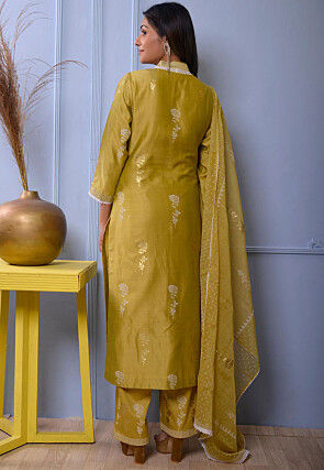 Foil Printed Chanderi Silk Pakistani Suit in Light Green