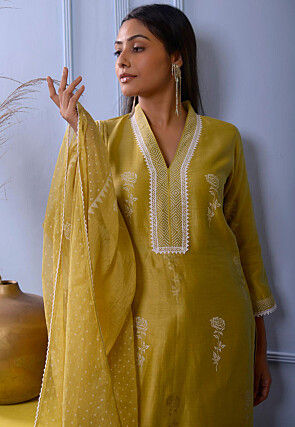 Foil Printed Chanderi Silk Pakistani Suit in Light Green
