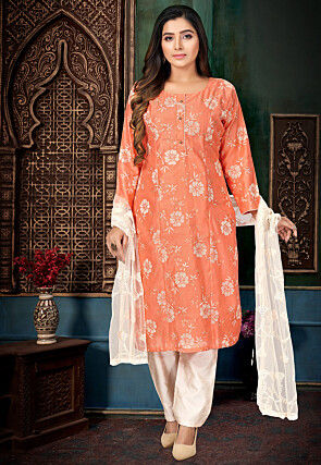Foil Printed Chanderi Silk Pakistani Suit in Orange