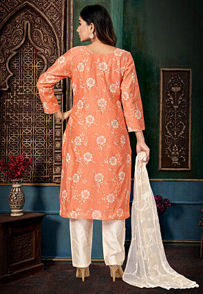 Foil Printed Chanderi Silk Pakistani Suit in Orange