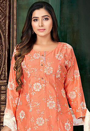 Foil Printed Chanderi Silk Pakistani Suit in Orange