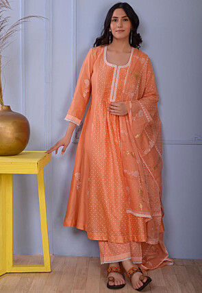 Foil Printed Chanderi Silk Pakistani Suit in Orange