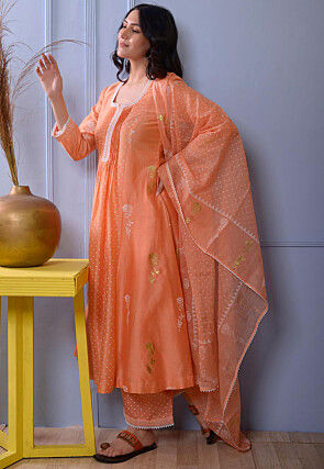 Foil Printed Chanderi Silk Pakistani Suit in Orange