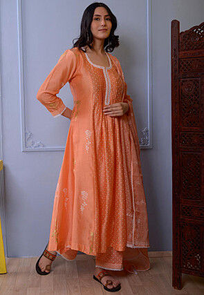 Foil Printed Chanderi Silk Pakistani Suit in Orange