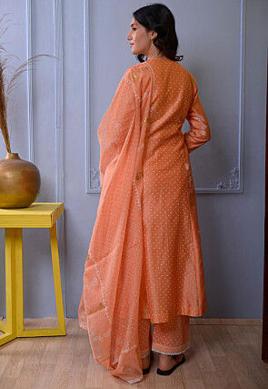 Foil Printed Chanderi Silk Pakistani Suit in Orange