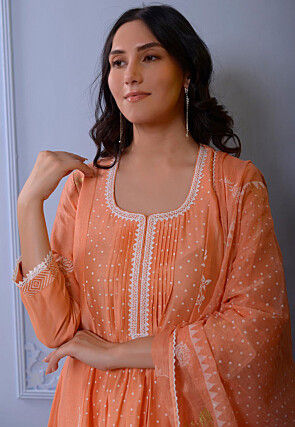 Foil Printed Chanderi Silk Pakistani Suit in Orange