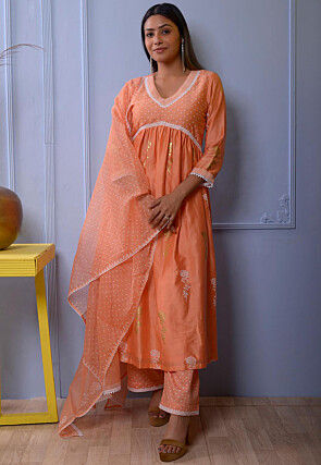 Foil Printed Chanderi Silk Pakistani Suit in Orange
