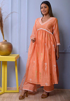 Foil Printed Chanderi Silk Pakistani Suit in Orange