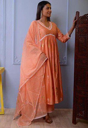 Foil Printed Chanderi Silk Pakistani Suit in Orange