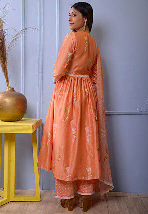 Foil Printed Chanderi Silk Pakistani Suit in Orange