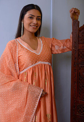 Foil Printed Chanderi Silk Pakistani Suit in Orange